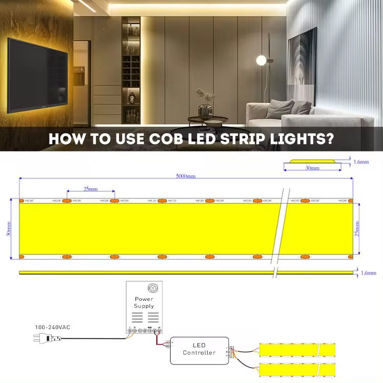 Nowy pojazd super szeroki 30mm szerokość 1600leds COB LED Strip 5 rzędów 40W/M 90 CRI 2700K 6500K COB LED Strip Lights do pomieszczeń