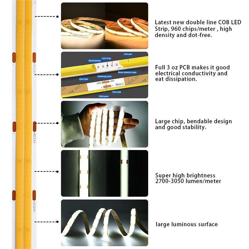 10m/roll Podwójne linii 600leds 12v 24v Ra80 12mm Flexible COB Led Flexible Strip Light
